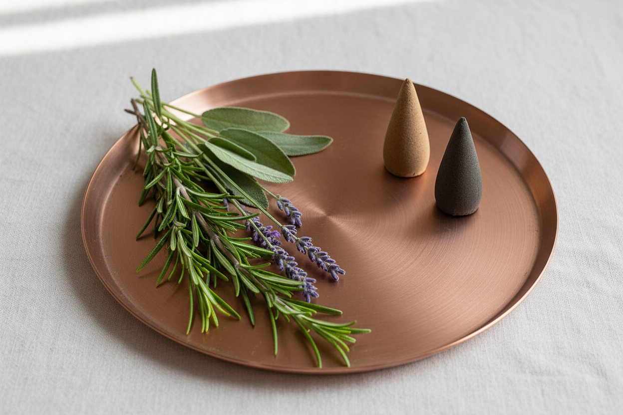 show fresh herbs and 3 incense cones on a metal disk